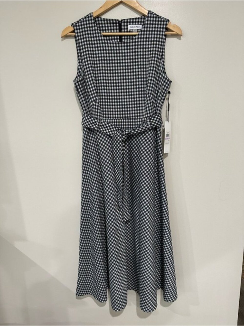 Calvin Klein Gingham Midi Dress Black White Tie Waist Size 6 Cottagecore - Picture 2 of 12